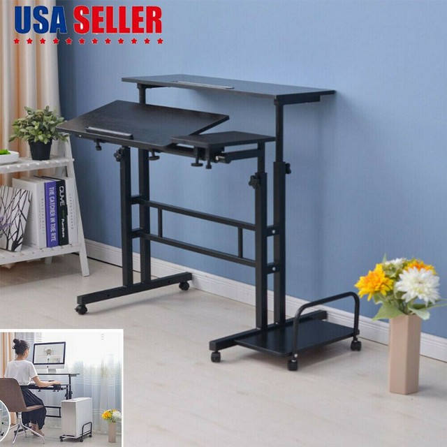 Mobile Laptop Table Cart Desk Storage Adjustable Stand Wood