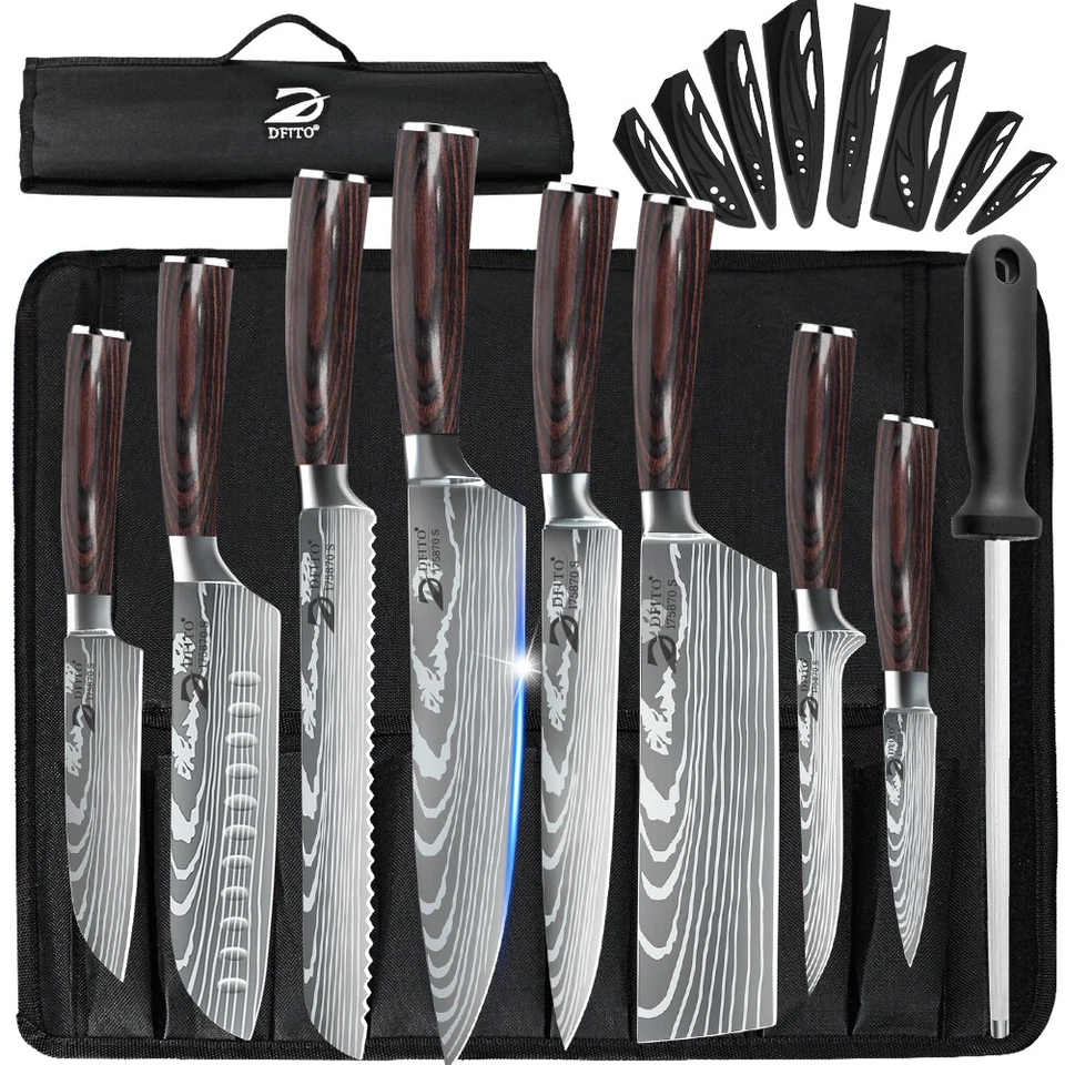 MDHAND 9PCS Kitchen Knives Set Stainless Steel Japanese Damascus Chef's Knife Cleaver