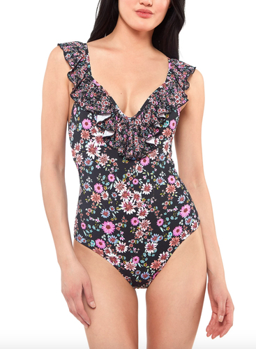 Jessica Simpson L83615 Ruffle Trim Floral Print One Piece Swimsuit Size Medium - Picture 3 of 3