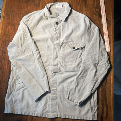 #ad vintage distressed french chore coat size small medium tan canvas work jacket $55.00