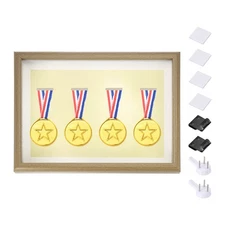13x9" Horizontal Shadow Box Frame with Push Pins 4 Adhesive, Wood Color
