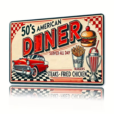 2D VINTAGE 50ER JAHRE AMERICAN DINER METALLPLAKETTE MIT OLDTIMER GRÖSSE 30 CM X 20 CM