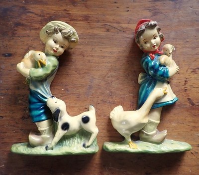 Vintage Robia Ware Chalkware Girl and Boy Wall Plaques, Roman Art Co.  