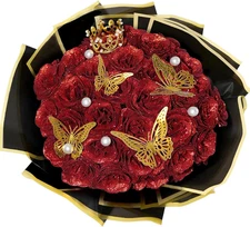 Red Glitter Roses Bouquet, 24 Pcs Shiny Glitter Flowers Bouquet, Everlasting Art