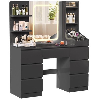 Gunji Schwarzer Schminktisch mit LED-Spiegel 7 Schubladen 139×110×40 cm