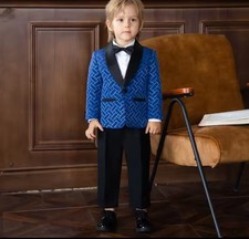 Black and Blue Kids Tuxedo Suit Set for Boys Wedding Party Size 9-12 Months 2PC