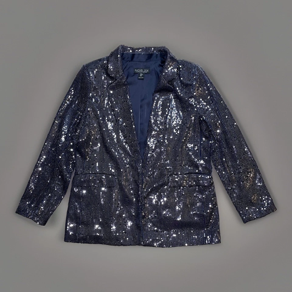 NUEVO Blazer Rachel Zoe Frente Abierto Azul Marino Lentejuelas Muesca Solapa Vacaciones Año Nuevo L $279 Foto 4 de 4