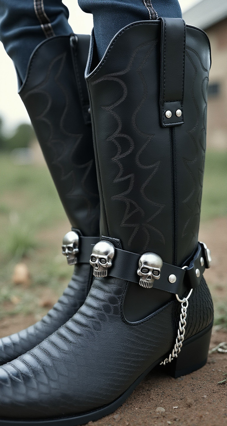 Men Metal Silver Boots Chains Fashion Western Shoe Black 2 Straps Skeleton Skull