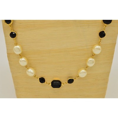 Vintage 34'' Necklace Black Lucite Crystal Pearl Open Bezel Gold Chain 80s Glam