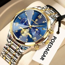 Orologio Uomo Poedagar 938 Blu Cassa Oro Cronografo Quarzo Impermeabile Inox