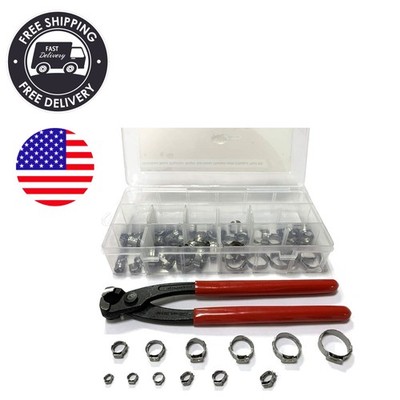 Versatile 200 Pcs Stainless Steel Single Ear Hose Clamps with Crimping Tool Kit