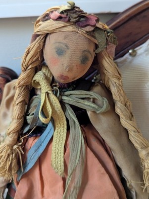Primitive Type Folk Art Doll Hand Painted Face Stitched Fingers Straw Hair 13''