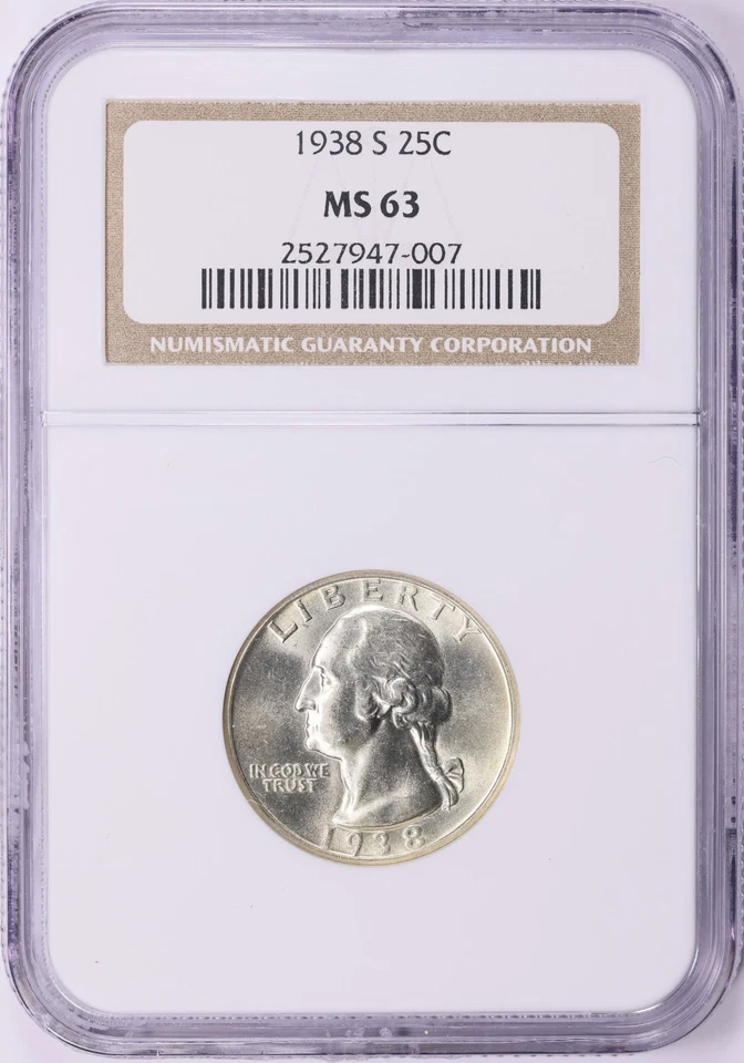 S Washington Quarter 1938 NGC MS63 blanco
