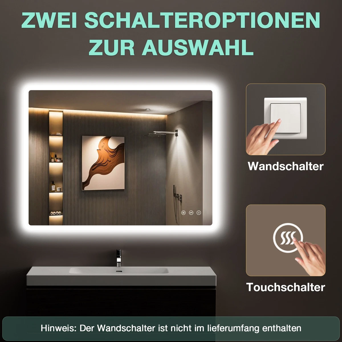 LED Bad Spiegel mit Beleuchtung 3 Lichtfarben Dimmbar Badezimmerspiegel 80x60cm