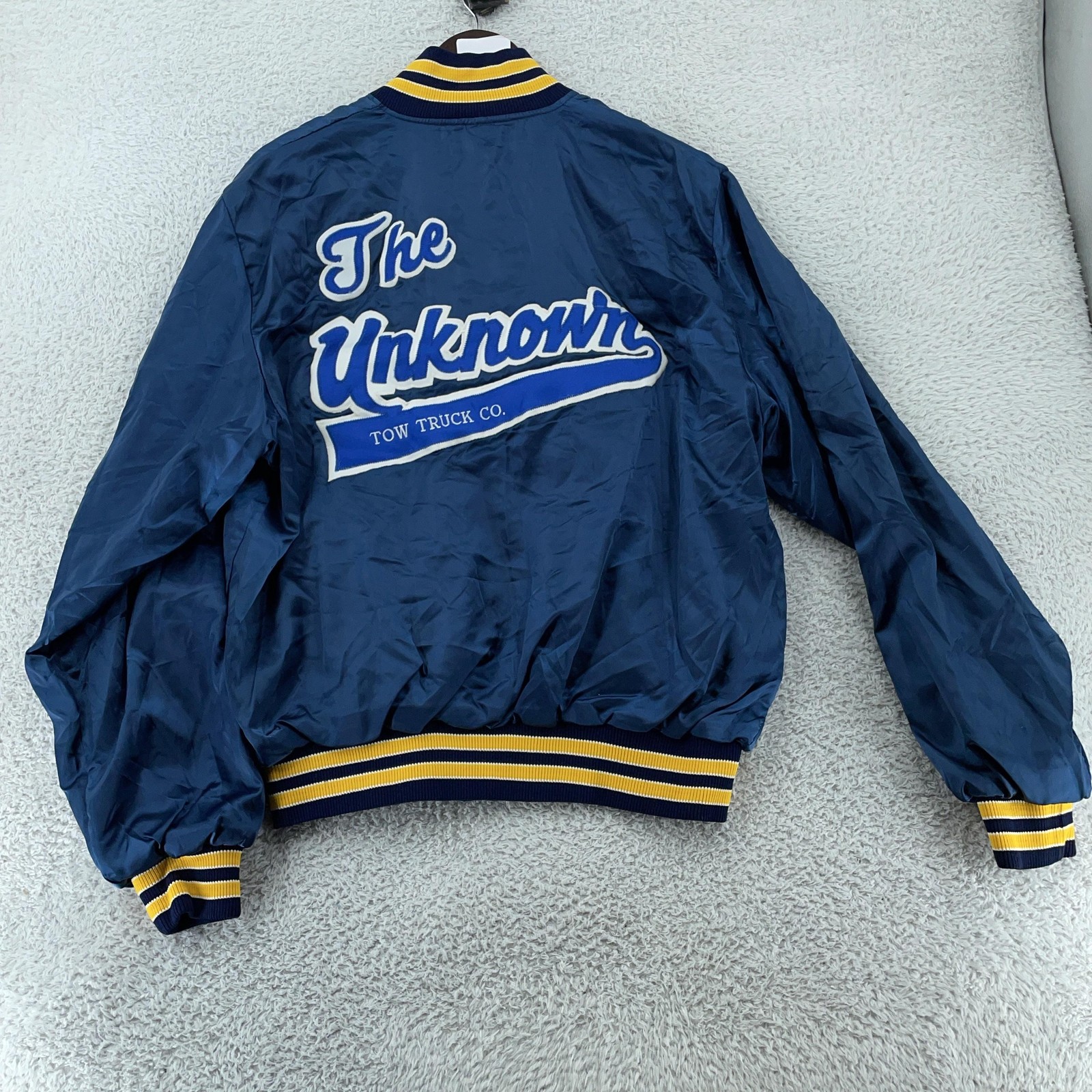 Vintage The Unknown Tow Truck Co Bomber Jacket Mens XL Blue Satin USA  Birdie 
