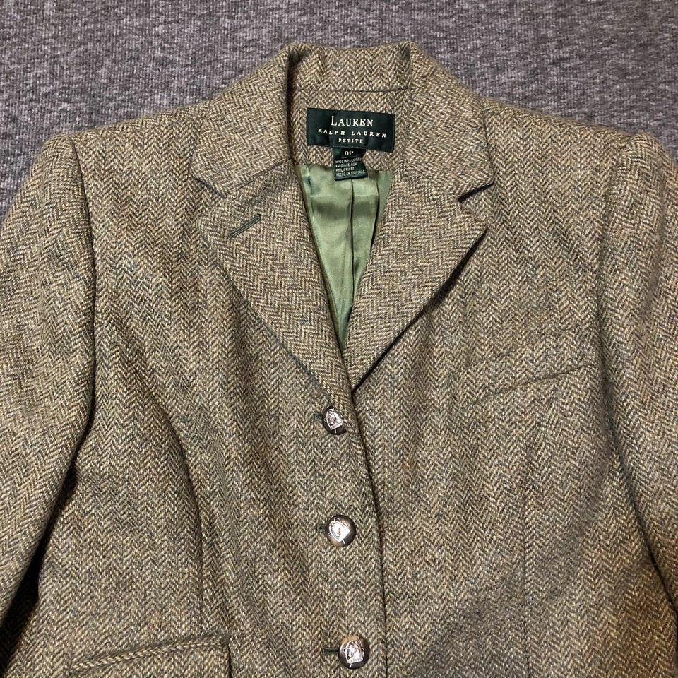 Ralph Lauren Wool Tweed Blazer Women’s 8P Green Herringbone Jacket Horse Buttons - Image 2 of 4