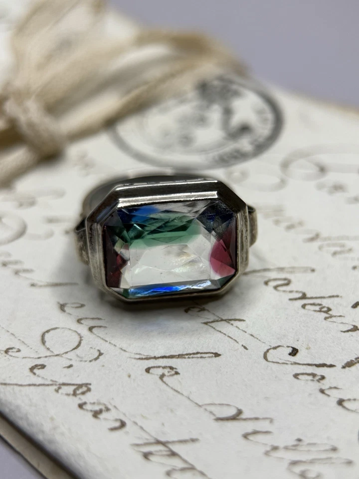 Art Déco Ring Silber Rheinkiesel 835 Gr. 57 Vintage iris glass Glas Statement - Bild 2 von 4