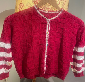 toddler sweater @ 3-4T hand-knit by professional knitter, red & white