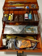 Vintage Artbin by flambeau 3 shelfs Orange W/ SUPPLIES Rulers GRAFTING Erasers