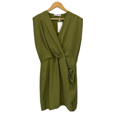 NWT Mango MNG Lyocell Wrap Dress Khaki Green Size L V-Neck Mini Dress