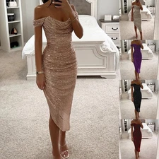 Women Party Wear Off Shoulder Sequined Evening Dress Prom Gown Sleeveless