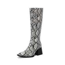 Fashion Women Club Dress Knee High Boots Mid Heels Rhinestone Decor Zip Shoes SZ