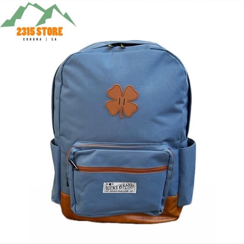 Lucky Brand “Good Fortune” Laptop Backpack Blue w/ Brown Leather. NEW - Afbeelding 1 van 4