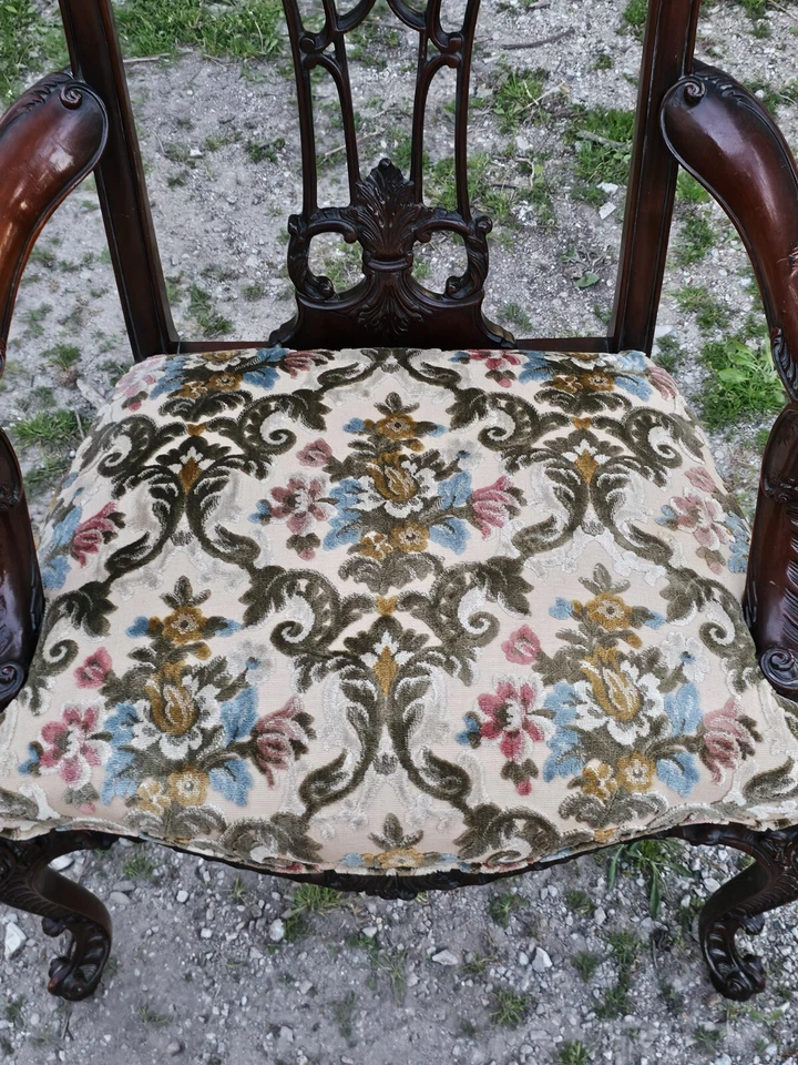 Poltrona brocada antiga rara George II mogno ornamentada sotaque - Imagem 2 de 4