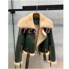 Winter Women's Green Lapel Faux Fur Lining Motorcycle Jackets Warm Coats Size
