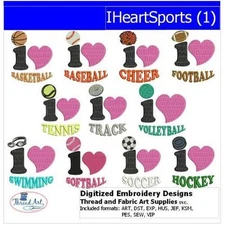 Embroidery Design Set - IHeartSports(1) - 11 Designs - 9 Formats - USB Stick