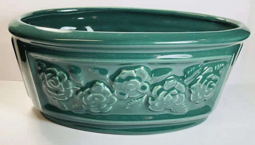 HAEGER Pottery Planter Oval Green Embossed Roses 1997
