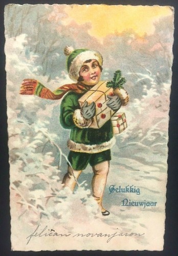 Early Dutch New Year Postcard Christmas Child Snow Gifts Presents Gelukkig 1920s - Picture 2 of 3