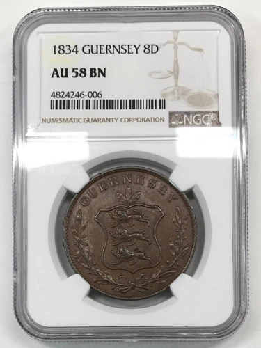 1834 Guernsey Copper 8 DOUBLES NGC AU-58 BN - KM#3 - Three Lions Shield