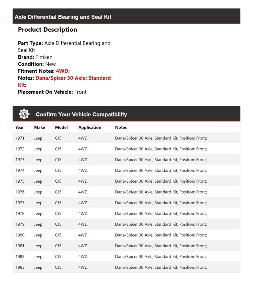 For 1971-1983 Jeep CJ5 4WD Axle Differential Bearing and Seal Kit Front Timken - Image 2 of 3