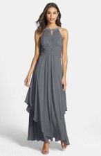 Eliza J Embellished Tiered Chiffon Halter Gown Dress Sz 6 Charcoal
