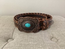 Ariat Two-tone Brown Braided Edge Leather Belt Copper Turquoise Buckle - Large