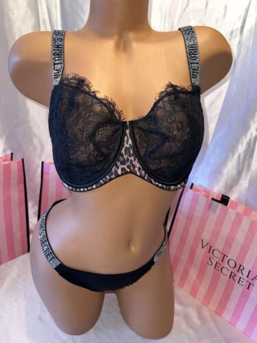 Victoria's Secret Very Shine Strap Bra Panty 38DD/Large Cheetah Black - Picture 2 of 5