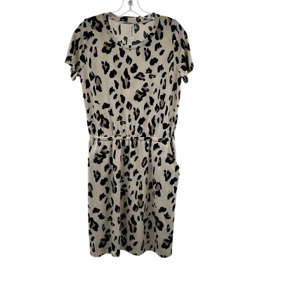 Tickled Teal Women's Short Sleeve Tie Waist A-Line Leopard Print Dress Small