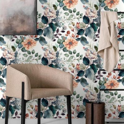 Brown/green/orange peonies peelable wallpaper, vintage self adhesive wallpaper.