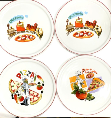 Tognana Porcellane Pizza Plates 4 Pc Red Rim 12'' Train Chefs Platters