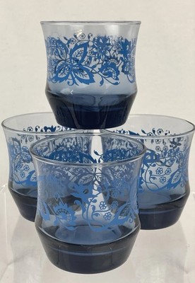 4 Vintage Libbey Blue Floral 8oz Glass Tumblers Juice Drinking Set