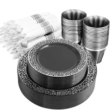 210PCS Black and Silver Dinnerware Set for 30 Guests - Black Plastic Plates w...