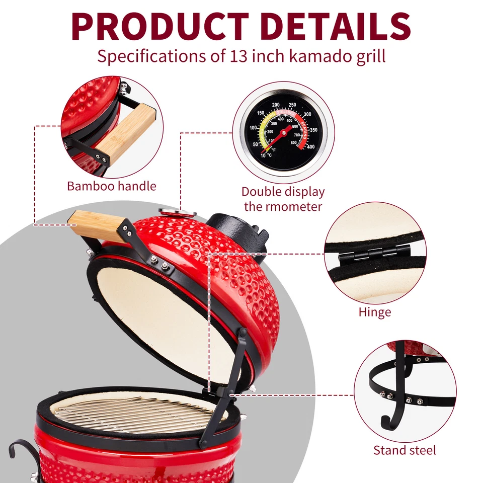 Barbacoa de cerámica de 13 pulgadas carbón Kamado rojo parrilla portátil redonda ahumador al aire libre Foto 4 de 4