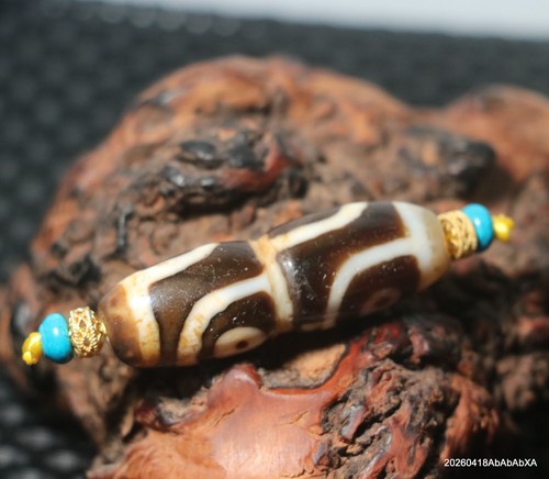 Unique Energy Tibetan Old Agate Fold Line 4 Eyed Lotus Root SH DZi Bead 博古天珠 AJK - Picture 4 of 10