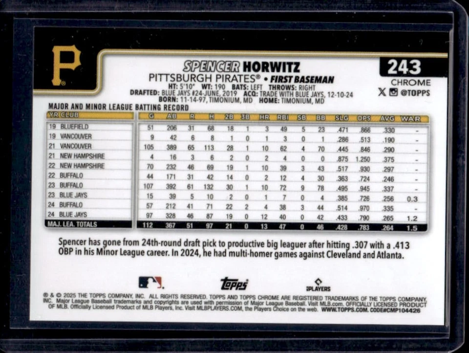 2025 Topps Chrome LogoFractor Spencer Horwitz Gold Refractor #22/50 Pirates - Image 2 of 2