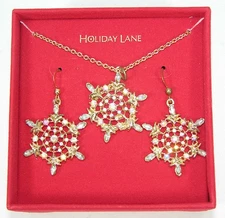 NIB Macy's Holiday Lane Goldtone Rhinestones SNOWFLAKE HOOP EARINGS/NECKLACE Set