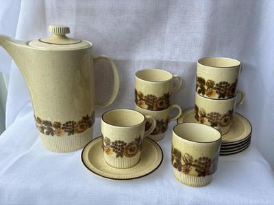 Poole Keramik Distelholz Kaffeekanne mit 6 Tassen & Untertassen Vintage Retro Beige