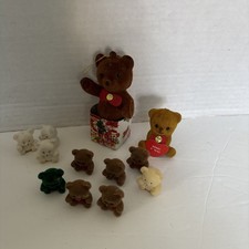 LOT of 10 miniature Vintage Flocked Teddy Bears , Happy Xmas Bear, Bear in box