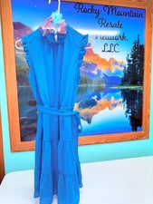 Women's Blue Midi Dress with Ruffles & Belt – Elegant & Lightweight