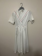 Vintage 70s USA Career Midi Dress Red Trim Button Fitted Waist